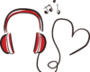 cartoon image of red headphones with the wire tangled in the shape of a heart