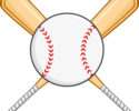 Two bats crisscrossed with a baseball in front.