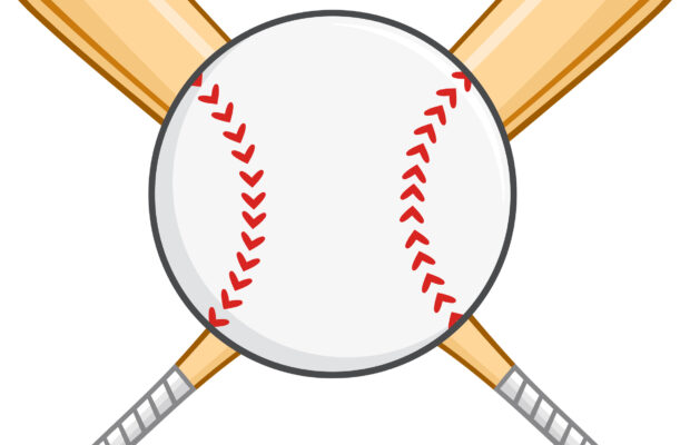 Two bats crisscrossed with a baseball in front.